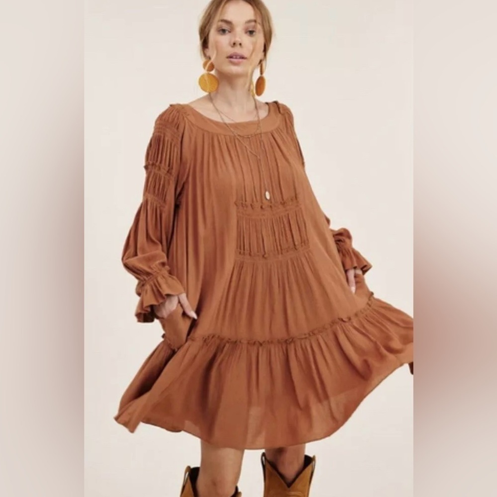 Free People Peach See Ya There Mini Dress Sz Small Peach Oversized Long Sleeve